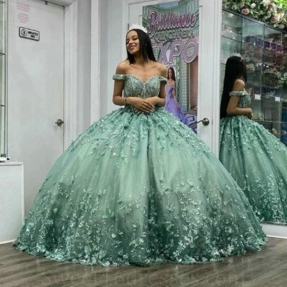 Luxury Sage Shiny Quinceanera Dresses Lace Flower Beads Ball Gown Sweet 16 Year Princess Dress For 15 Years vestidos de anos