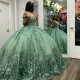 Luxury Sage Shiny Quinceanera Dresses Lace Flower Beads Ball Gown Sweet 16 Year Princess Dress For 15 Years vestidos de anos