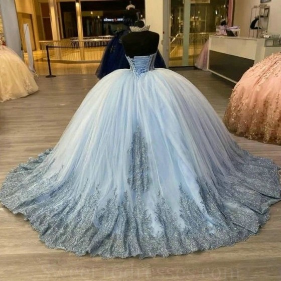 Luxury Sparkly Sky Blue Quinceanera Dresses Ball Gown Sequins Appliques Lace Beads Crystal Sweet 16 Dress