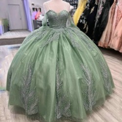 Luxury Sweetheart Green Shiny Quinceanera Dress Lace-Up 2024 Party Gown Princess Lace Appliques Off The Shoulder For 16 Years