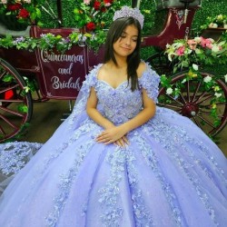 Luxury Sweetheart Sky Blue Quinceanera Dress With Cape Party Gown Princess Lace Appliques Flower Off The Shoulder For 16 Years