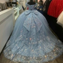 Luxury Sweetheart Sky Blue Shiny Quinceanera Dress With Backless Party Gown Princess Lace Appliques Off The Shoulder For 16 Year