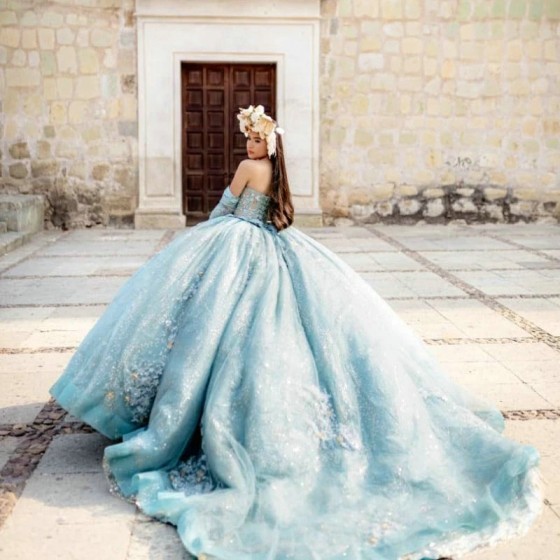 Luxury Water Blue Shiny Quinceanera Dress Party Gown Princess Off The Shoulder Lace Appliques Beads For 16 Years vestido de