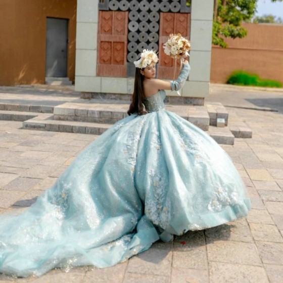 Luxury Water Blue Shiny Quinceanera Dress Party Gown Princess Off The Shoulder Lace Appliques Beads For 16 Years vestido de