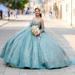 Luxury Water Blue Shiny Quinceanera Dress Party Gown Princess Off The Shoulder Lace Appliques Beads For 16 Years vestido de