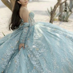 Luxury Water Blue Shiny Quinceanera Dress Party Gown Princess Off The Shoulder Lace Appliques Beads For 16 Years vestido de