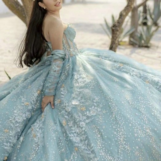 Luxury Water Blue Shiny Quinceanera Dress Party Gown Princess Off The Shoulder Lace Appliques Beads For 16 Years vestido de