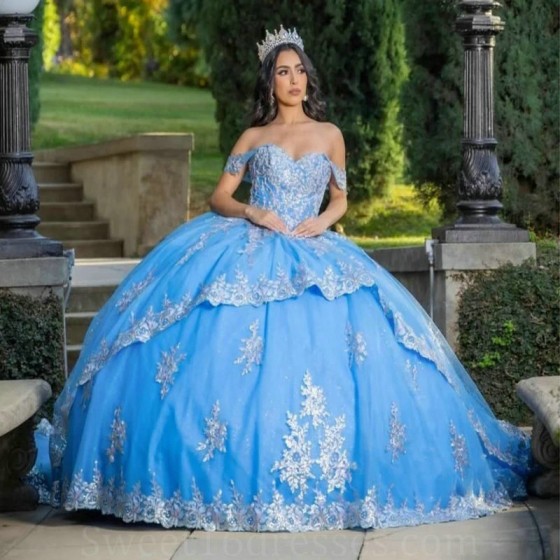 Mexican Blue Shiny Quinceanera Dress Ball Gown Off The Shoulder Applique Lace Beaded Tull Corset Sweet 16 Vestidos De 15 Anos