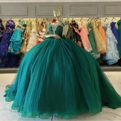 Mexican Dark Green Quinceanera Dress Ball Gown Off The Shoulder Beaded Diamonds Tull Corset Sweet 16 Vestido De 15 Anos