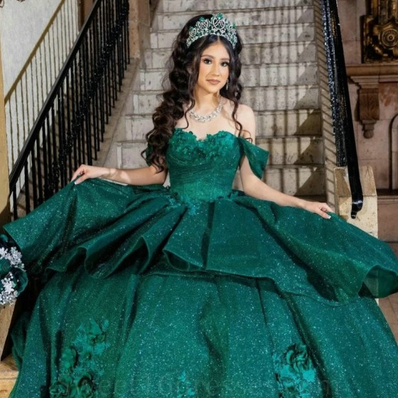 Mexican Emerald Green Glitter Quinceanera Dress Ball Gown Off The Shoulder Flower Beaded Bow Corset Sweet 16 Vestidos De 15 Anos