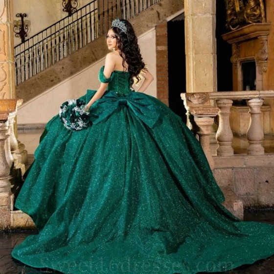 Mexican Emerald Green Glitter Quinceanera Dress Ball Gown Off The Shoulder Flower Beaded Bow Corset Sweet 16 Vestidos De 15 Anos