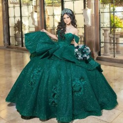 Mexican Emerald Green Glitter Quinceanera Dress Ball Gown Off The Shoulder Flower Beaded Bow Corset Sweet 16 Vestidos De 15 Anos