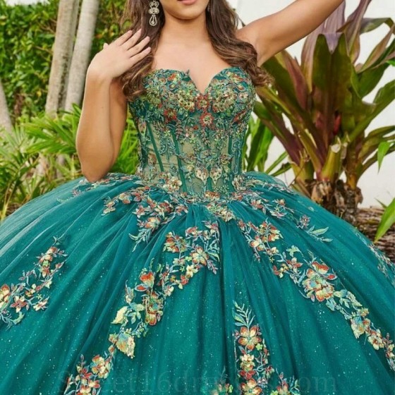 Mexican Emerald Green Quinceanera Dress Ball Gown Off The Shoulder Lace Applique Beading Tull Sweet 16 Vestidos De 15 Anos