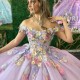 Mexican Lavender Shiny Quinceanera Dress Ball Gown 3DFlowers Applique Lace Off the Shoulder Sweet 16 Princess Vestidos De XV Anos