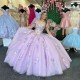 Mexican Lavender Shiny Quinceanera Dress Ball Gown 3DFlowers Applique Lace Off the Shoulder Sweet 16 Princess Vestidos De XV Anos