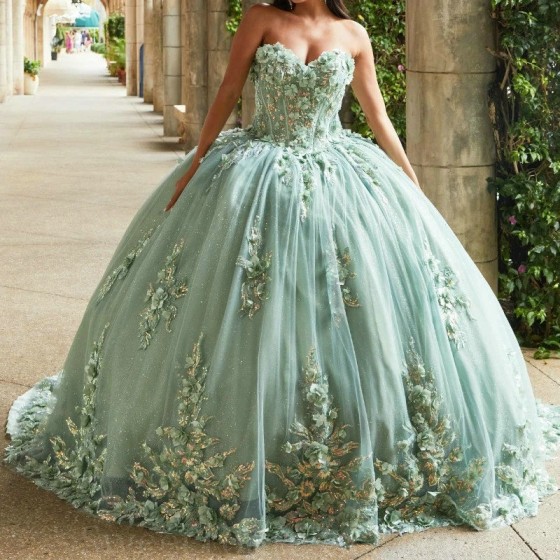 Mexican Mint Green 2024 Quinceanera Dress Ball Gown Sweet 15 16 Flowers 3D Flower Applique Lace Beads Corset Vestidos De 15 Anos