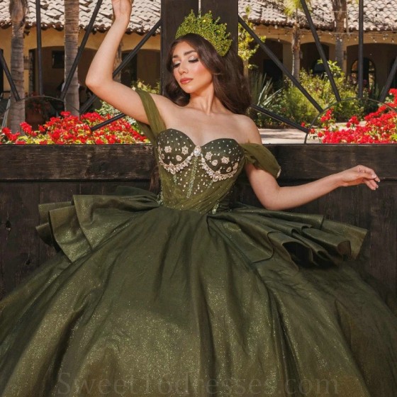 Mexican Olive Green Shiny Quinceanera Dress Ball Gown Off The Shoulder Beaded Crystal Tull Corset Sweet 16 Vestido De 15 Anos