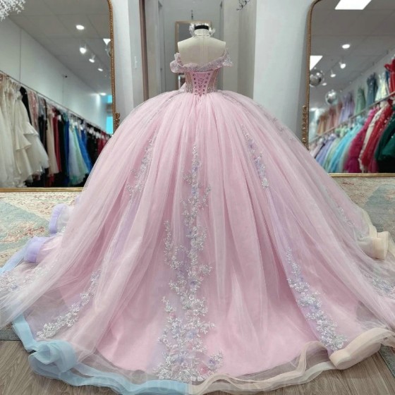 Mexican Pink Quinceanera Dress Ball Gown Off The Shoulder Applique Lace Beads Crystal Tull Corset Sweet 16 Vestidos De 15 Anos