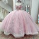 Mexican Pink Quinceanera Dress Ball Gown Off The Shoulder Applique Lace Beads Crystal Tull Corset Sweet 16 Vestidos De 15 Anos