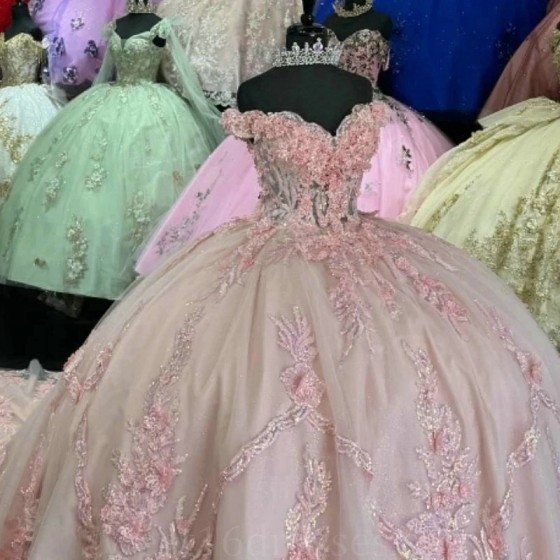 Mexican Pink Shiny Applique Lace Off The Shoulder 15 Year Old Quinceanera Dress Sweet 16 Dress Party Gown Lace Up vstidos de