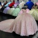 Mexican Pink Shiny Applique Lace Off The Shoulder 15 Year Old Quinceanera Dress Sweet 16 Dress Party Gown Lace Up vstidos de