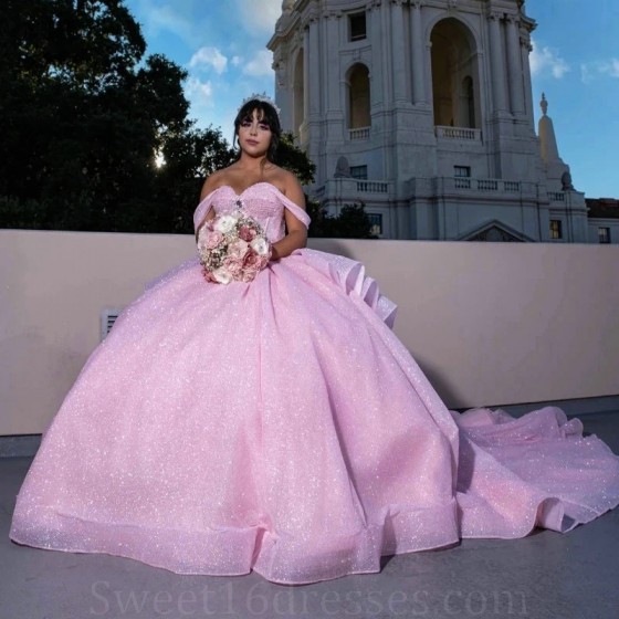 Mexican Pink Shiny Sweetheart Quinceanera Dresses Beads Crystal Birthday Princess Formal Ball Gowns Vestidos XV Anos