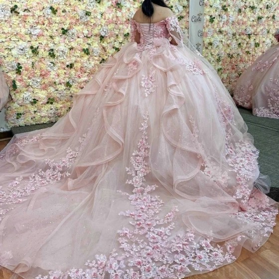 Mexican Pink Vestidos De 15 Quinceanera Applique Lace Sweetheart Off Shoulder Ball Gown Sweet 16 Birthday Quinceanera Dress