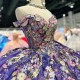 Mexican Purple Shiny Quinceanera Dresses 3D Floral Applique Birthday Princess Formal Sweet 15 16 Ball Gowns Vestidos XV Anos