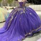 Mexican Purple Shiny Quinceanera Dresses 3D Floral Applique Birthday Princess Formal Sweet 15 16 Ball Gowns Vestidos XV Anos