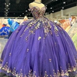 Mexican Purple Shiny Quinceanera Dresses 3D Floral Applique Birthday Princess Formal Sweet 15 16 Ball Gowns Vestidos XV Anos