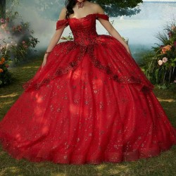 Mexican Red Shiny Quinceanera Dress Ball Gown Off The Shoulder Lace Applique Beading Tull Corset Sweet 16 Vestido De 15 Anos