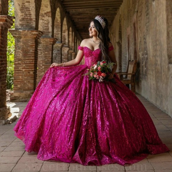 Mexican Rose Red Shiny Quinceanera Dress Ball Gown Off Shoulder Beads Crystal Bow Tull Corset Sweet 16 Vestidos 15 De Anos