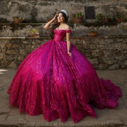 Mexican Rose Red Shiny Quinceanera Dress Ball Gown Off Shoulder Beads Crystal Bow Tull Corset Sweet 16 Vestidos 15 De Anos