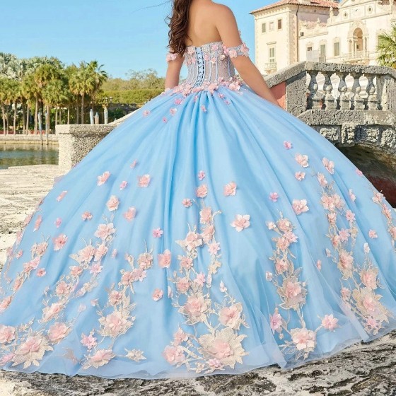 Mexican Sky Blue Quinceanera Dresses Ball Gown Beaded Lace Appliques Flower Tull Sweet 16 Dress Princess Lace Up Vestido De 15