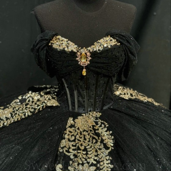 Mexico Black Off The Shoulder Quinceanera Dresses 2024 Sparkly Sequined Gold Applique Lace Beads Corset Ball Gown Sweet 16 15