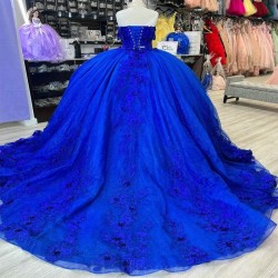 Mexico Blue Shiny Off The Shoulder Ball Gown Quinceanera Dress For Girl Beaded 3DFlowers Birthday Party Gowns Prom Dresses