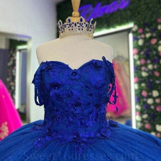 Mexico Blue Shiny Off The Shoulder Ball Gown Quinceanera Dress For Girl Beaded 3DFlowers Birthday Party Gowns Prom Dresses