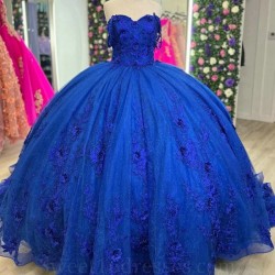 Mexico Blue Shiny Off The Shoulder Ball Gown Quinceanera Dress For Girl Beaded 3DFlowers Birthday Party Gowns Prom Dresses