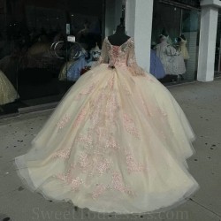 Mexico Champagne Sexy V Neck Ball Gown Quinceanera Dress For Girl Applique Lace Beaded Birthday Party Gowns Prom Dresses