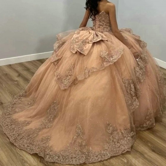 Mexico Champagne Shiny Off The Shoulder Ball Gown Quinceanera Dress Appliques Lace Beaded Birthday Party Gowns Sweet 16 vestidos