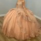 Mexico Champagne Shiny Off The Shoulder Ball Gown Quinceanera Dress Appliques Lace Beaded Birthday Party Gowns Sweet 16 vestidos