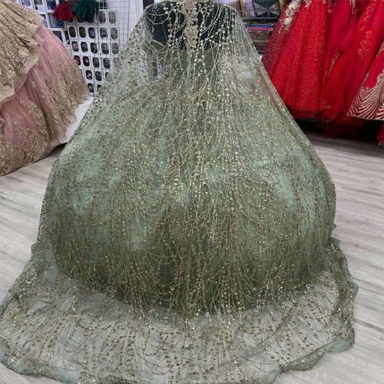 Mexico Green Off The Shoulder Ball Gown Quinceanera Dress For Girl Beaded Crystal With Cape Birthday Party Gowns Prom Dresses