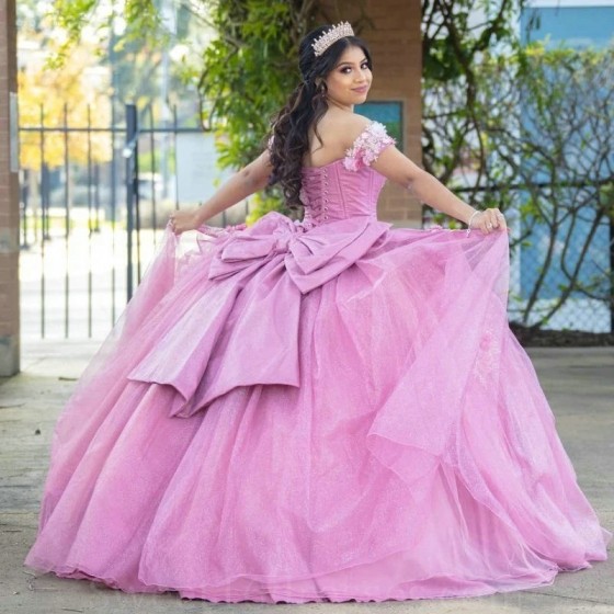 Mexico Pink Shiny Quinceanera Dresses Sweetheart Beads Appliques Lace Flower Off the Shoulder Sweet 16 Vestidos De 15 Anos