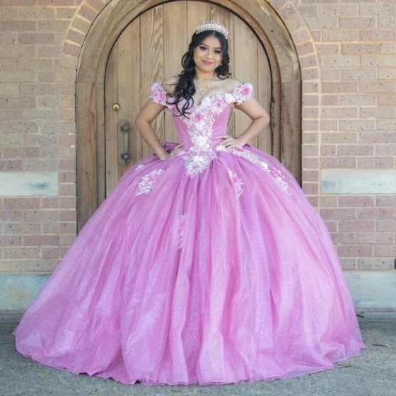 Mexico Pink Shiny Quinceanera Dresses Sweetheart Beads Appliques Lace Flower Off the Shoulder Sweet 16 Vestidos De 15 Anos