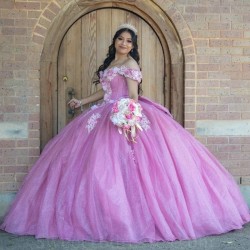 Mexico Pink Shiny Quinceanera Dresses Sweetheart Beads Appliques Lace Flower Off the Shoulder Sweet 16 Vestidos De 15 Anos