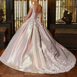 Mexico Pink Shiny Quinceanera Dresses V-Neck Beads Appliques Lace Flower Beads Ruffles Sweet 16 Vestidos De 15 Anos