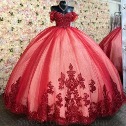 Mexico Red Shiny Quinceanera Dresses 2024 Beads Appliques Lace Off the Shoulder Sweet 16 Vestidos De 15 Anos