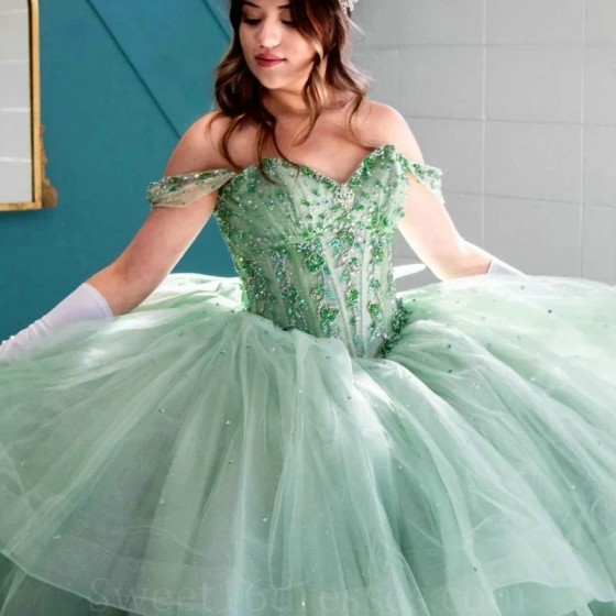 Mint Green Ball Gown Quinceanera Dresses Sweetheart Beads Crystal Tull Off the Shoulder Sweet 16 Vestido De 15 Anos