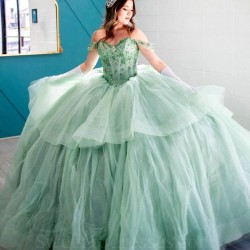 Mint Green Ball Gown Quinceanera Dresses Sweetheart Beads Crystal Tull Off the Shoulder Sweet 16 Vestido De 15 Anos