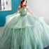 Mint Green Ball Gown Quinceanera Dresses Sweetheart Beads Crystal Tull Off the Shoulder Sweet 16 Vestido De 15 Anos